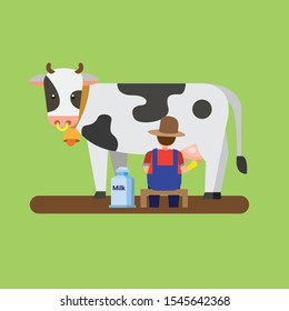 farmer milking cow, fresh milk can flat illustration vector