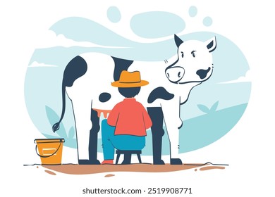 Farmer Milking a Cow Illustration