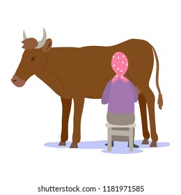 Farmer milking a cow. Vector illustration isolated on white background.