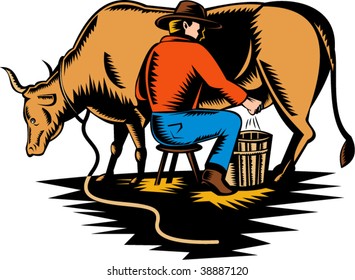 Farmer milking cow woodcut style