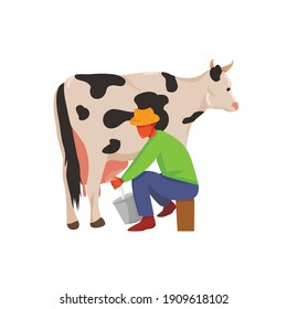  farmer milks a cow. milking a cow. breeding cows. ranch or farm. cattle. production of dairy products. vector flat. isolated.