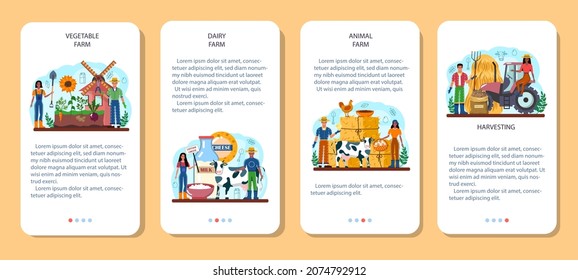 Farmer mobile application banner set. Farm worker growing plants and feeding animals. Agriculture and animal husbandry business. Summer countryside landscape. Flat vector illustration