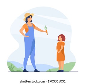 Farmer mom and kid. Mother giving fresh vegetable to child outdoors. Flat vector illustration. Organic food, healthy nutrition, farming, family concept for banner, website design or landing web page