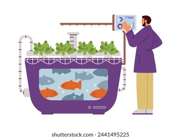 Farmer monitoring process near aquaponic tank for crop production flat vector illustration isolated on white.