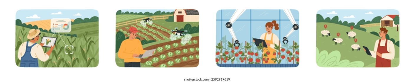 A farmer monitors crops using a tablet while another tends to vegetables. Inside a greenhouse, a gardener works with plants, and sheep are herded outdoors on a sunny day