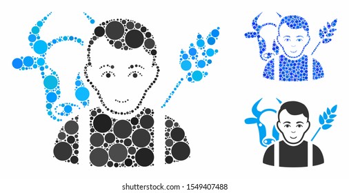 Farmer mosaic of circle elements in different sizes and color tones, based on farmer icon. Vector circle elements are composed into blue mosaic. Dotted farmer icon in usual and blue versions.