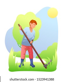 Farmer mowing grass flat vector illustration. Man working in field cartoon character. Young boy using scythe for cutting lawn isolated on white background. Village work, rural lifestyle design element