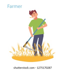 A farmer mows the field with wheat scythe. Vector illustration.