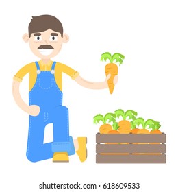 Farmer with mustache dressed in a blue jumpsuit with carrots