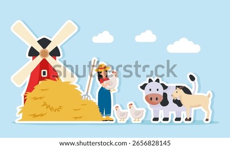 Farmer near a pile of straw and windmill building holding a chicken among several livestock such as cows and goats illustration of livestock land management