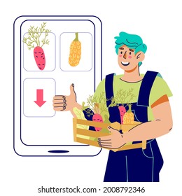 Farmer  nearby mobile phone screen. Eco farm and fresh vegetables and  fruits delivery shop. Online market, grocery or  supermarket.  Vegan food, cartoon vector illustration isolated on white.