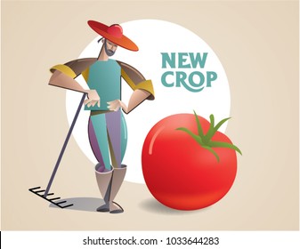 farmer with a new crop of tomatoes. Flat style