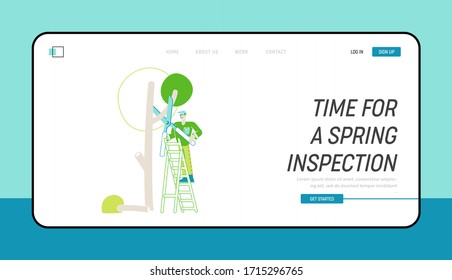 Farmer Occupation, Yardwork Landing Page Template. Worker Character Stand on Ladder Trimming Tree in Garden. Man Doing Gardener Works Prune and Cut Branches with Scissors. Linear Vector Illustration