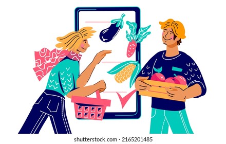Farmer offers his vegetable crop to a customer who chooses fresh organic vegetables. Food ordering and delivery, local farmers shop, flat cartoon vector illustration isolated on background.