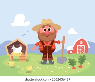 A farmer Old MacDonald stands holding a shovel in his hand on a farm in front of a house, chickens are running around, the hen incubates the eggs, beetroot is growing