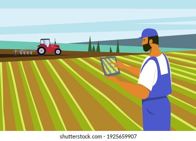 Farmer on the background of a field with a tractor. Agricultural work. Vector illustration.