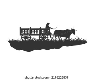 Campesino en carros de vaca, concepto tradicional de diseño de transporte agrícola. Ilustración del vector objeto aislado en el fondo