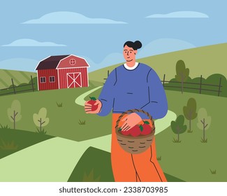 Bauer auf Bauernhof, flach, Vektorgrafik. Landarbeiter ernten Ernten. Apfelernte. Arbeiter Ernte, picken ökologisches Gemüse, Landschaft, Ackerland, Konzept der Landwirtschaft.