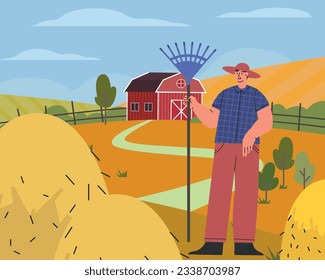 Granjero en ilustración de vector plano agrícola. El trabajador agrícola recolecta heno. Campo, tierra de cultivo, concepto de agricultura.
