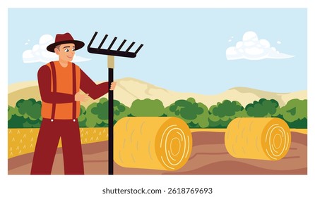 A farmer on a farm. Male farmer standing holding a rake and making hay. Flat vector illustration.