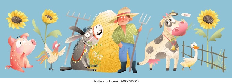 Farmer on farm, rural scene abstract collage. Domestic animals as cow donkey rooster turkey pig and goose, farmland and countryside scenery. Vector cartoon illustration, hand drawn collage art.