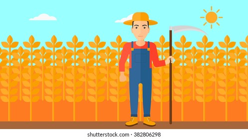 Farmer On The Field With Scythe.