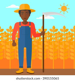 Farmer on the field with scythe.