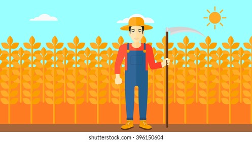 Farmer on the field with scythe.