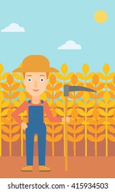 Farmer on the field with scythe.