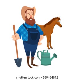 A farmer on his agricultural plot, is engaged in the cultivation of animals and plants and ennoblement of organic products. Cartoon vector illustration isolated