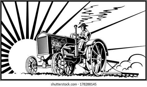 black and white country farm tractors images stock photos vectors shutterstock https www shutterstock com image vector farmer on tractor field retro agriculture 178288145