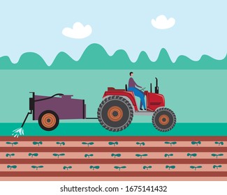 Farmer on a tractor irrigates the crop. Vector stock illustration with heavy machine, plants and field as an eco farming concept. Flat color illustration with plants or garden