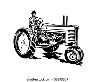 Farmer On Tractor - Retro Clip Art