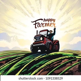 Farmer on the tractor, waving his hands, to the top of the hill against the backdoor of the sunrise, vector illustration in retro style.