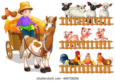 Farmer on wagon and animals behide fence illustration