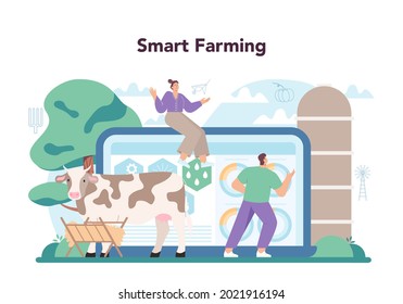 Farmer online service or platform. Farm worker growing plants and feeding animals. Agriculture and animal husbandry business. Smart farming. Flat vector illustration