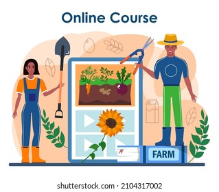 Farmer online service or platform. Farm worker growing plants and feeding animals. Agriculture and animal husbandry business. Online course. Flat vector illustration