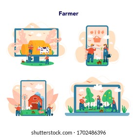 Farmer online service or platform on differernt device concept set. Farmers working on the field. Summer countryside view, agriculture concept. Isolated flat illustration