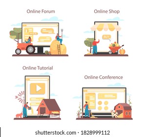 Farmer online service or platform set. Farm worker on the field. Summer countryside view, agriculture concept. Living in the village. Online forum, conference, shop, tutorial. Vector illustration