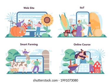 Farmer online service or platform set. Farm worker growing plants and feeding animals. Agriculture and animal husbandry business. Online course, smart farming, IIoT, website. Flat vector illustration