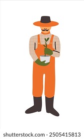 Farmer in orange overalls and hat holding a seedling. Vector flat illustration.