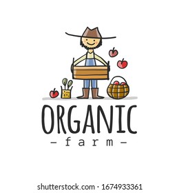 Farmer With Organic Vegetables For your Design. Harvest Festival. Agriculture. Organic farming eco concept. Fresh products, locally grown and organic food. Farmer's Market. Vector illustration