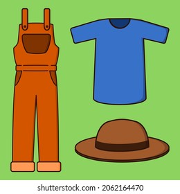 Farmer outfit set. Vector illustration. Jumpsuit, t shirt and hat.