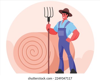 Farmer in overalls standing with a pitchfork on the background of hay bales. Farmer holding a pitchfork. Vector illustration