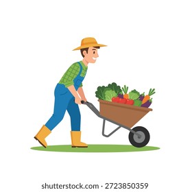 Un granjero con un mono y una paja que empuja una carretilla rebosante de una variedad de verduras coloridas y maduras.