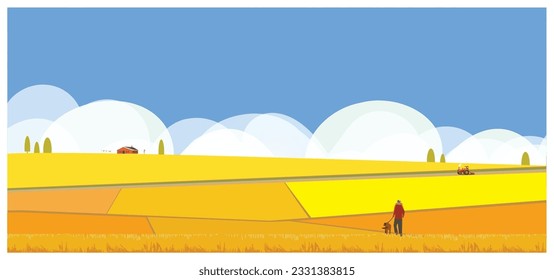 a farmer or owner with the dog walking across a crop field with a red barn in the background