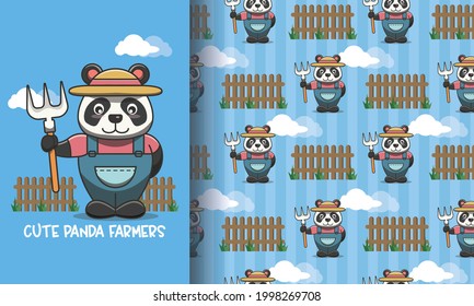 Farmer panda in the garden. illustration and pattern set premium vector