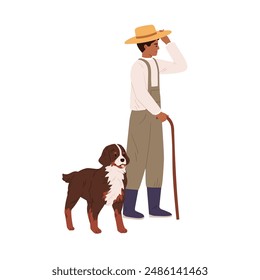 Farmer and pastoral dog. Farm agriculture worker in straw hat with shepherd, country sheepdog. Herdman, sheepman and canine animal, doggy. Flat vector illustration isolated on white background