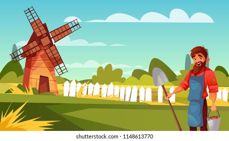 Farmer or peasant vector illustration of man with spade and bucket of harvest. Vector cartoon rural farmland background with green field and windmill at fence