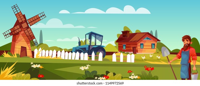 Farmer or peasant vector illustration of man with beard and spade at farmland. Vector windmill, house or barn and agriculture tractor with chickens on cartoon green field background